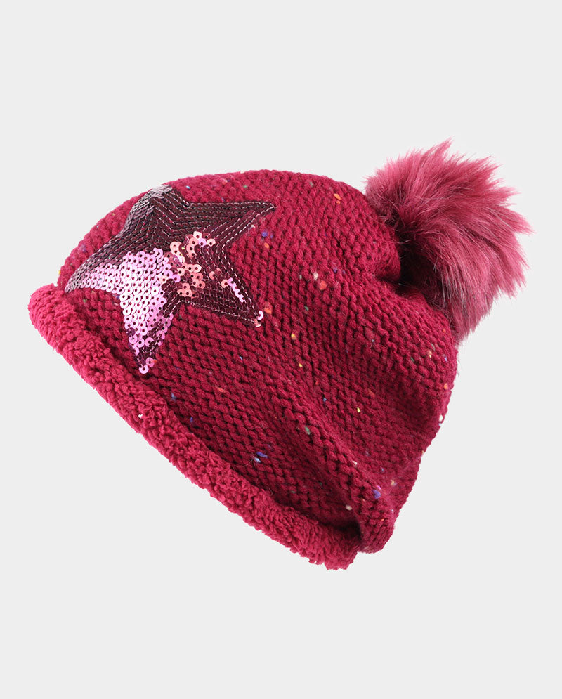 Acrylic Knit Pom Beanie – 100% Acrylic with Faux Fur Lining & Sequin Star Detail