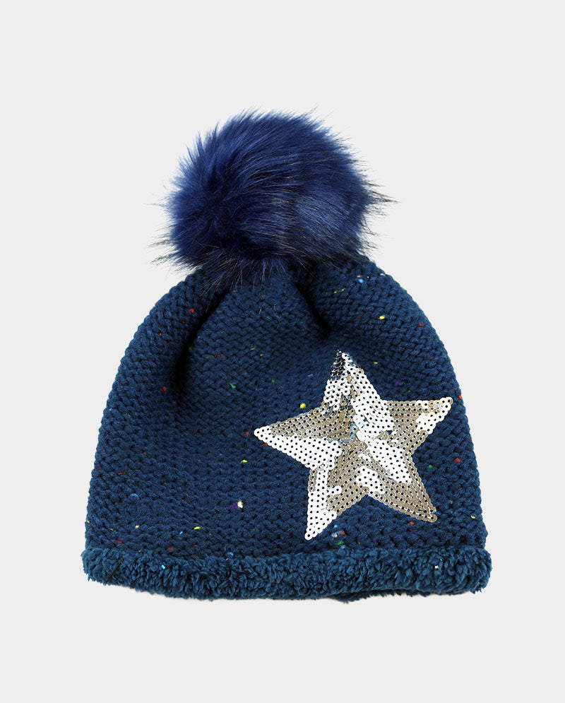 Acrylic Knit Pom Beanie – 100% Acrylic with Faux Fur Lining & Sequin Star Detail