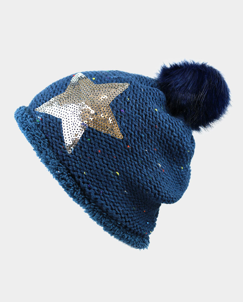 Acrylic Knit Pom Beanie – 100% Acrylic with Faux Fur Lining & Sequin Star Detail