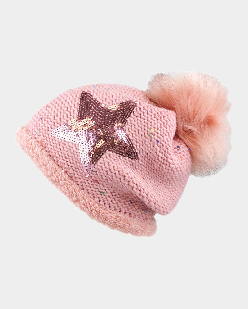 Acrylic Knit Pom Beanie – 100% Acrylic with Faux Fur Lining & Sequin Star Detail