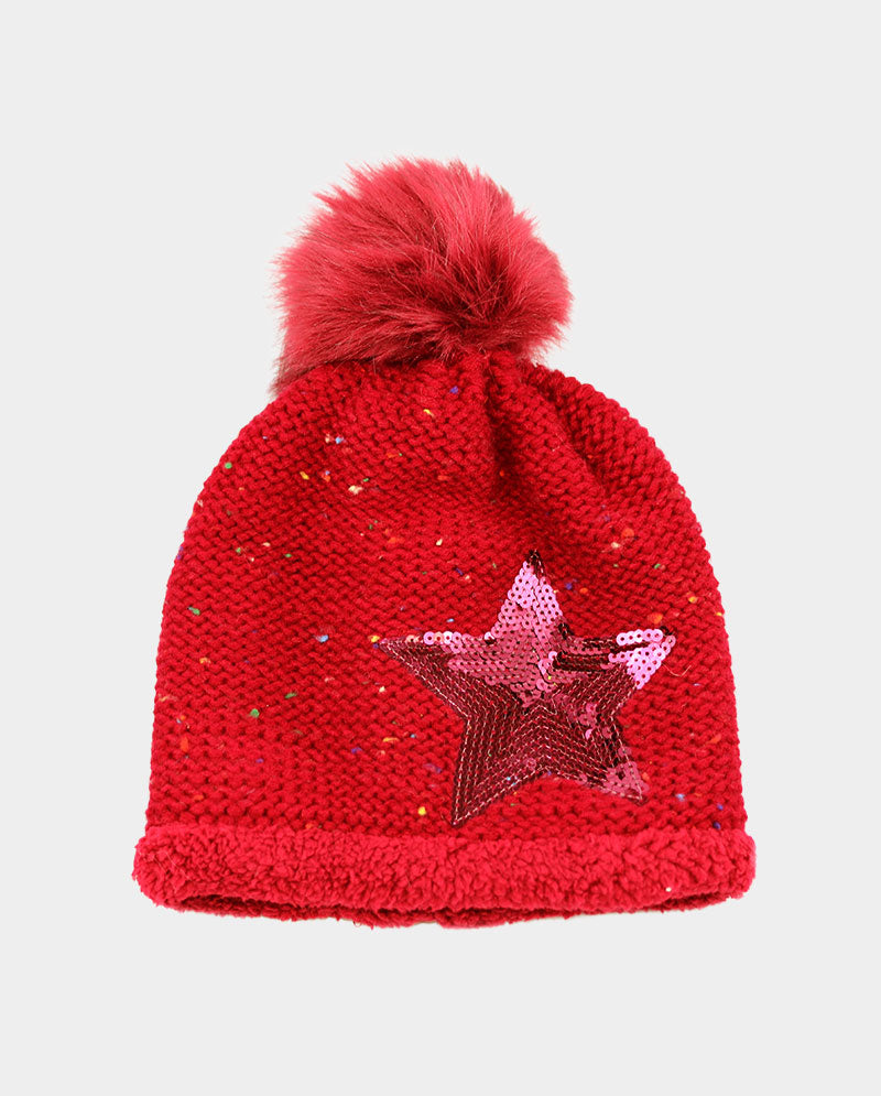 Acrylic Knit Pom Beanie – 100% Acrylic with Faux Fur Lining & Sequin Star Detail
