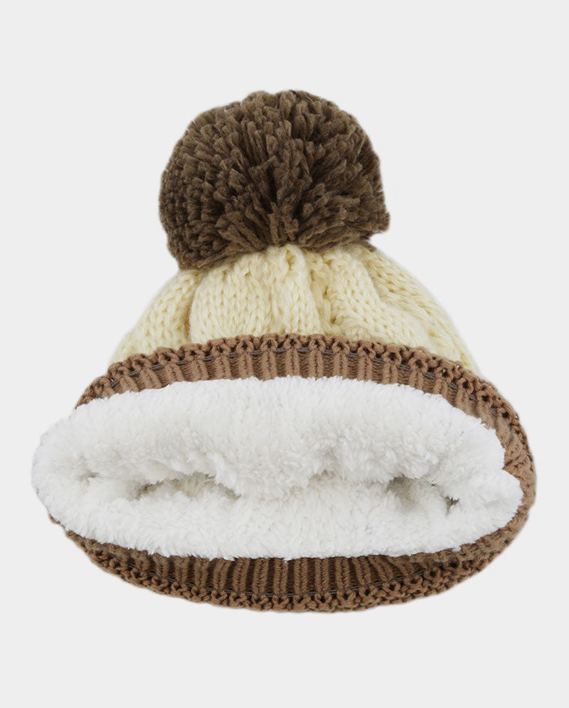 Two-Tone Cable Knit Beanie with Pom Pom & Pearl Beads