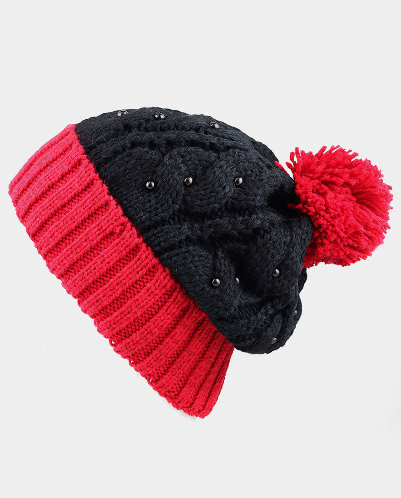 Two-Tone Cable Knit Beanie with Pom Pom & Pearl Beads