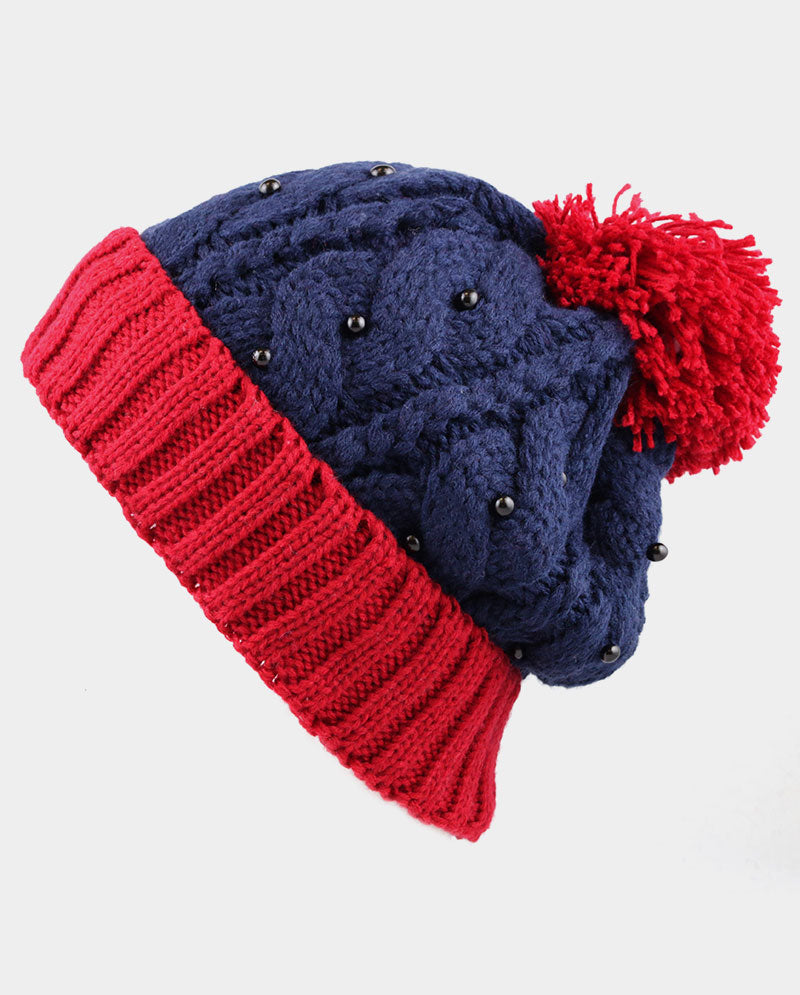 Two-Tone Cable Knit Beanie with Pom Pom & Pearl Beads
