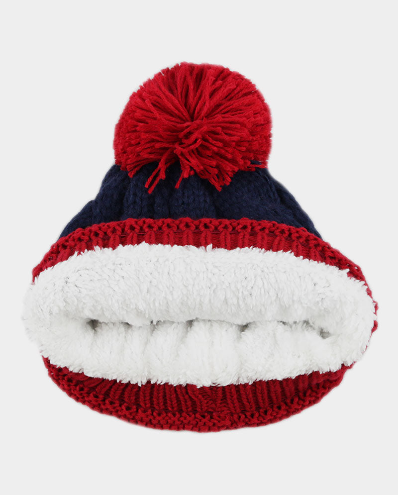 Two-Tone Cable Knit Beanie with Pom Pom & Pearl Beads