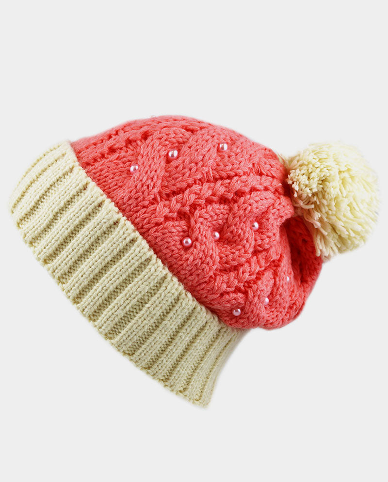 Two-Tone Cable Knit Beanie with Pom Pom & Pearl Beads