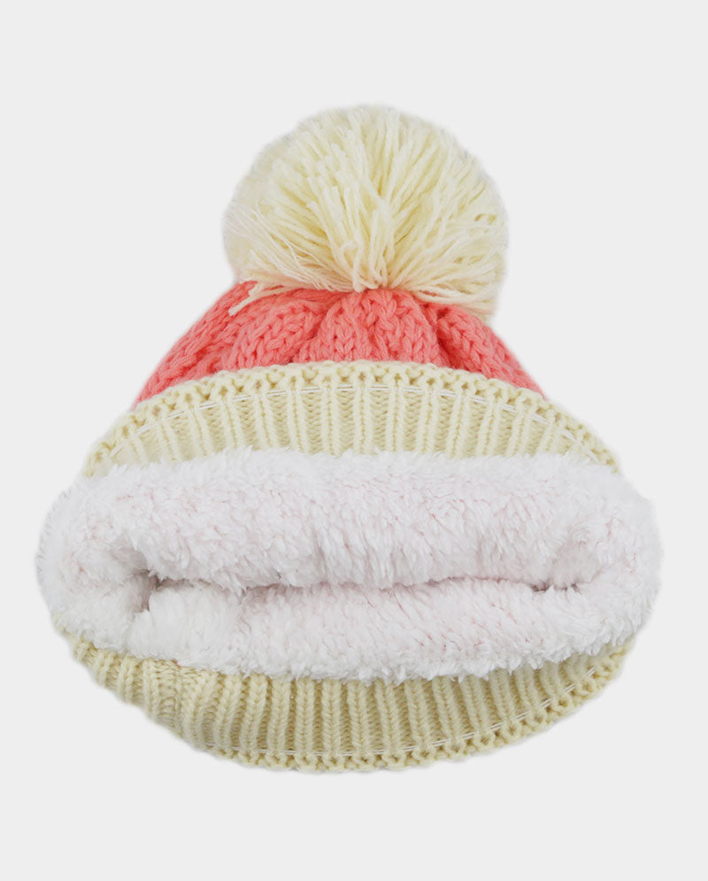 Two-Tone Cable Knit Beanie with Pom Pom & Pearl Beads