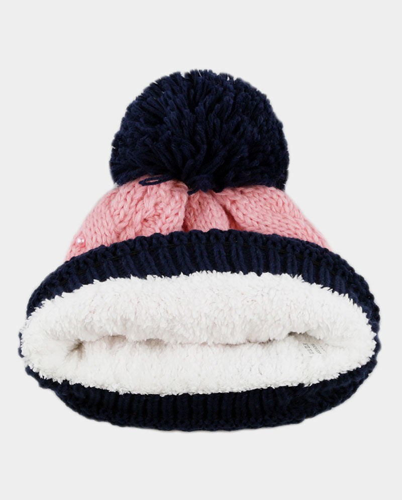 Two-Tone Cable Knit Beanie with Pom Pom & Pearl Beads