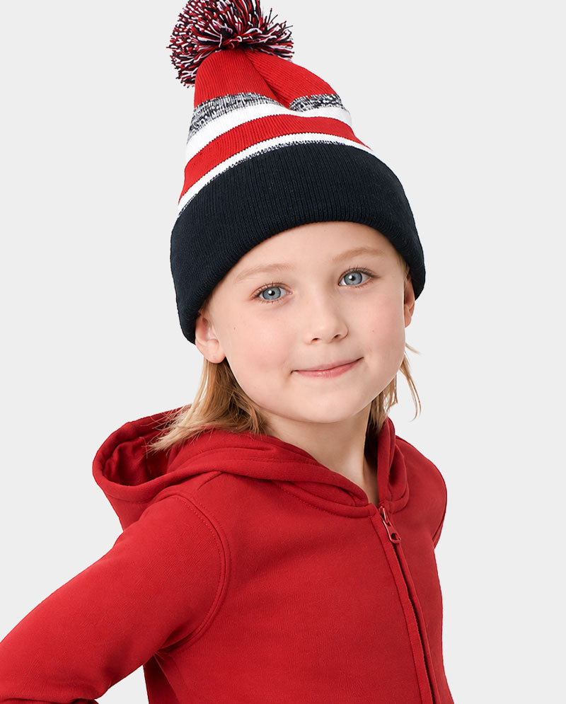 The Hat Depot Kids - Cuffed Pom Pom Stripe Knit Slouch Beanie