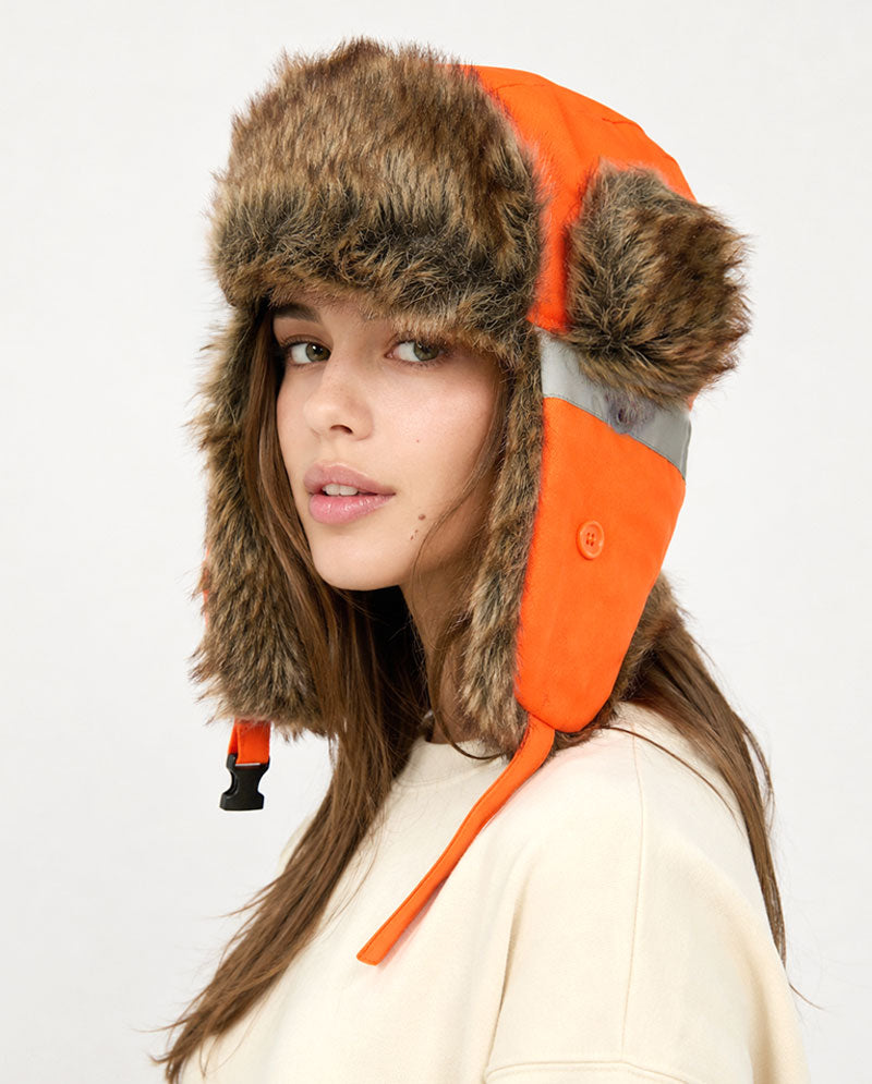 The Hat Depot - Safety Reflective Faux Fur Aviator Trapper