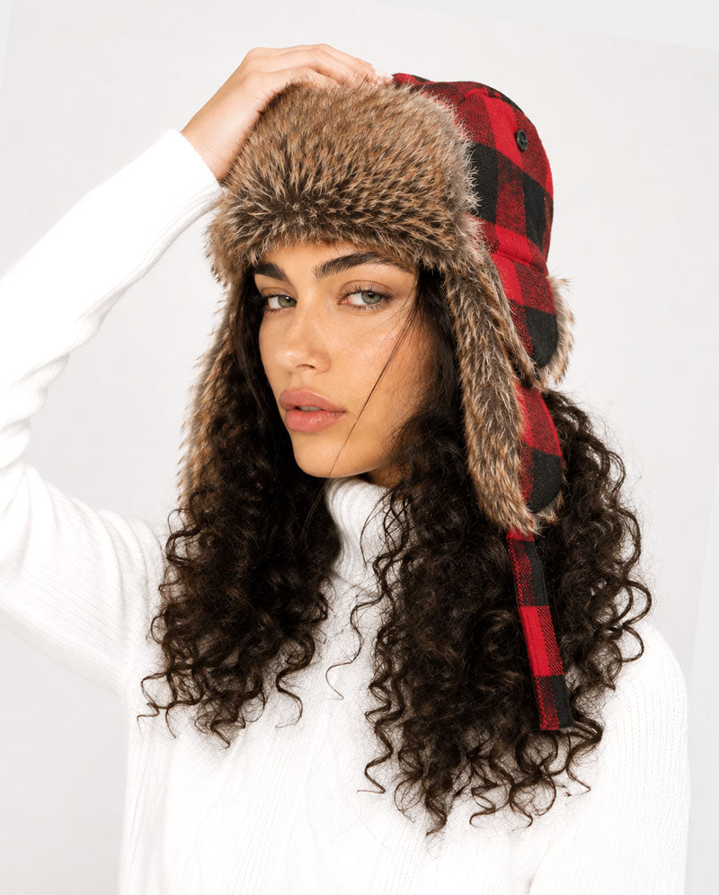 The Hat Depot - Plaid Faux Fur Aviator Trapper