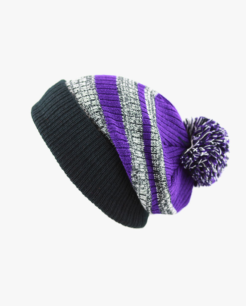 The Hat Depot - Striped Cuffed Pom Pom Knit Beanie