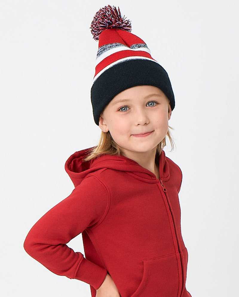 The Hat Depot Kids - Cuffed Pom Pom Stripe Knit Slouch Beanie