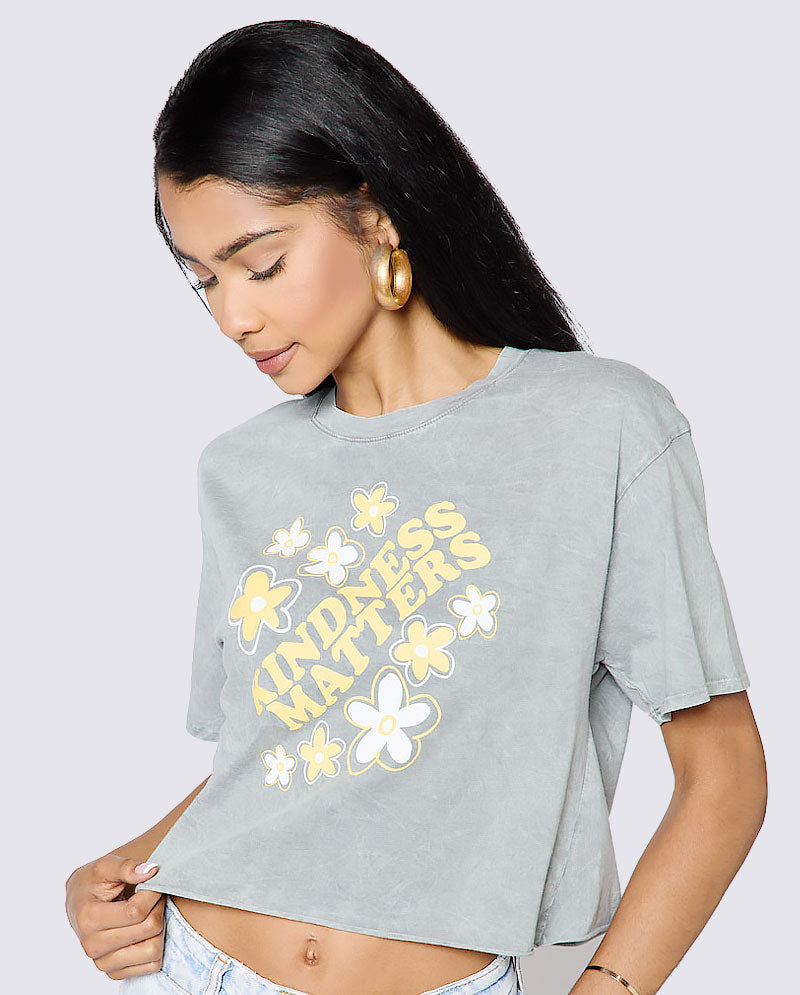 OG - Premium Quality 100% Cotton Mineral Wash Short Slv Crop Top "Kindness Matters"