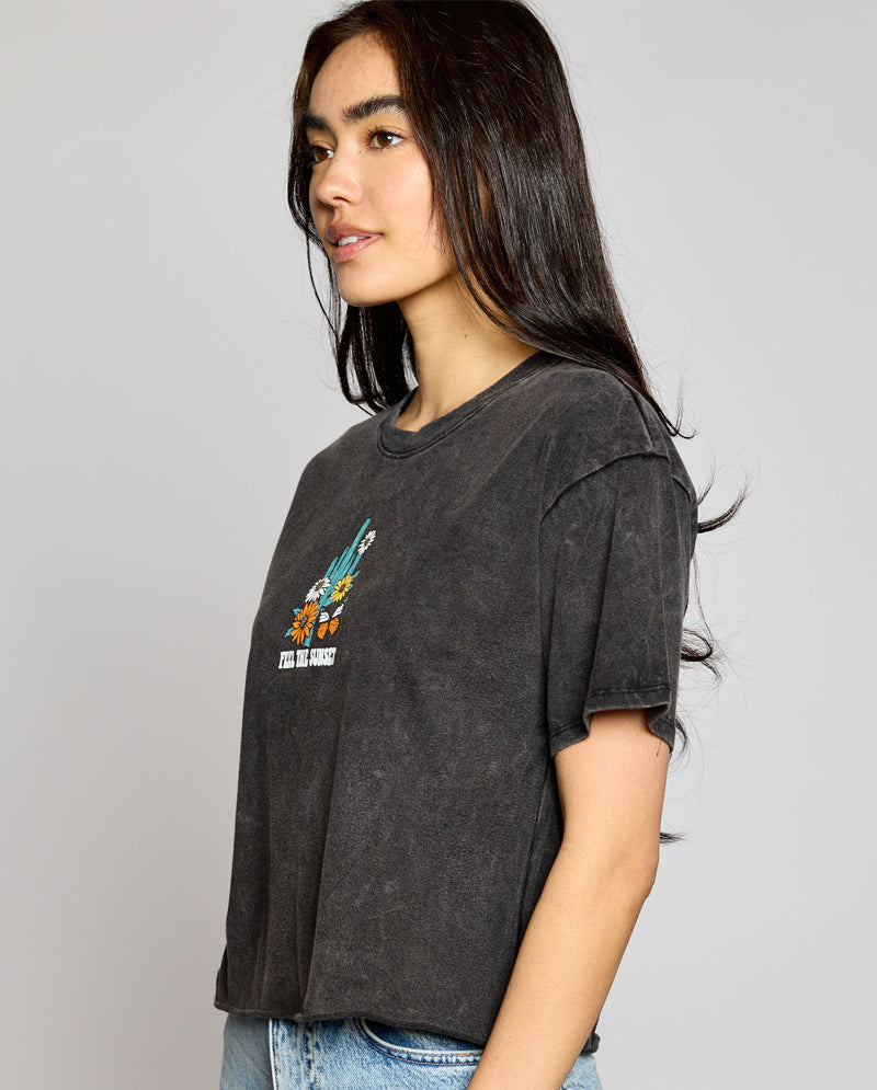 OG - Premium Quality 100% Cotton 'FEEL THE SUNSET CACTUS' Mineral Washed Short Sleeve Cropped Tee Raw Edge