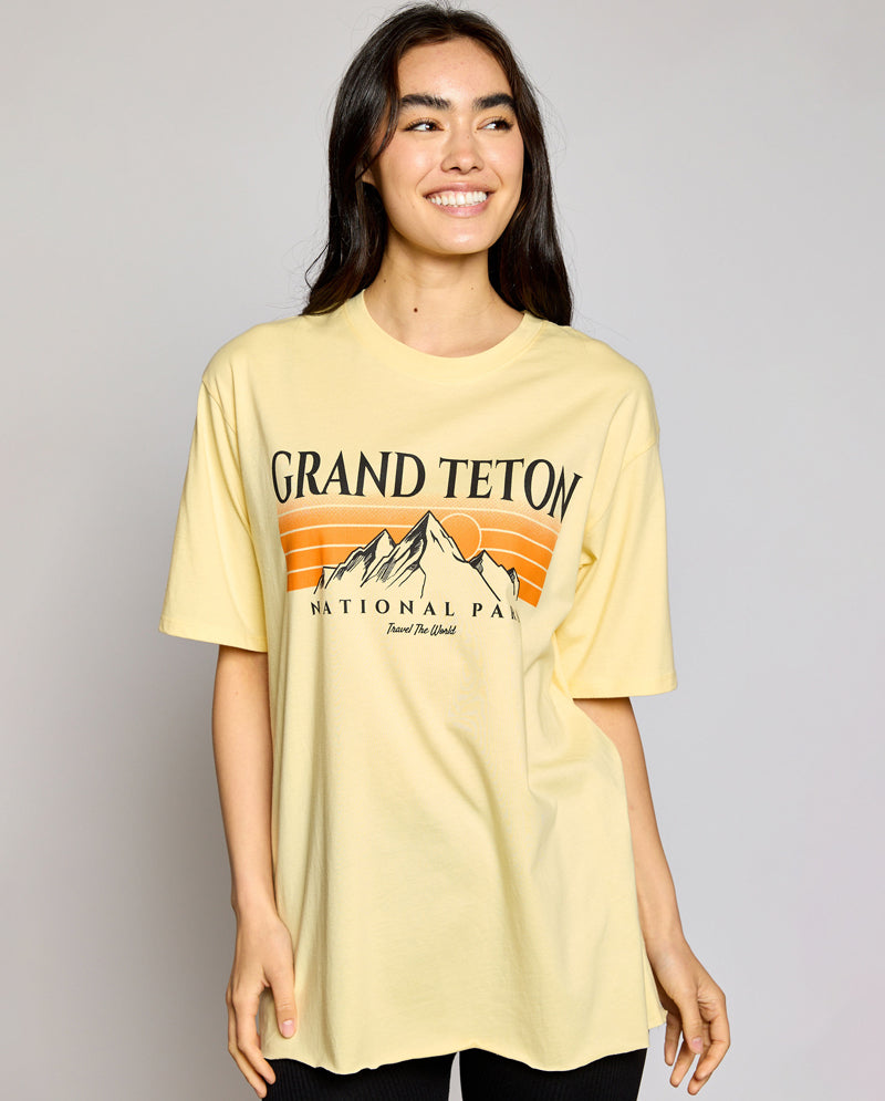 OG - Premium Quality 100% Cotton "GRAND TETON" Graphic Boyfriend Tunic Tee Short Sleeve Crew Raw Edge