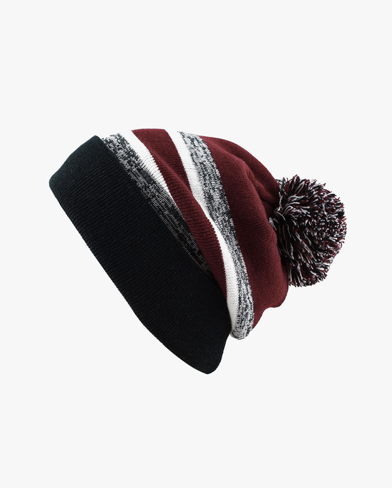 The Hat Depot - Cuffed Pom Pom Stripe Knit Slouch Beanie