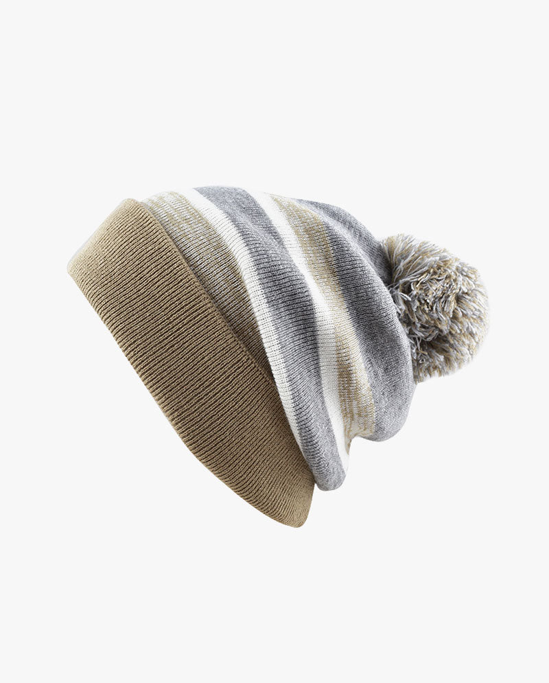 The Hat Depot - Cuffed Pom Pom Stripe Knit Slouch Beanie