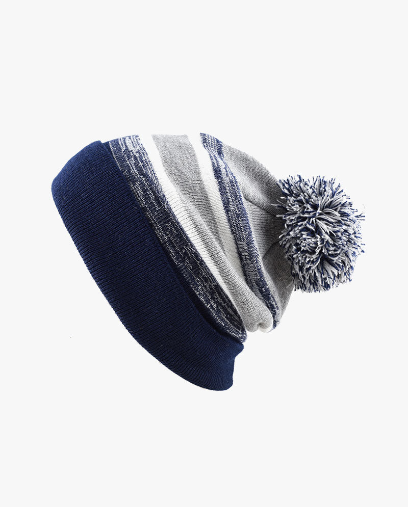 The Hat Depot - Cuffed Pom Pom Stripe Knit Slouch Beanie