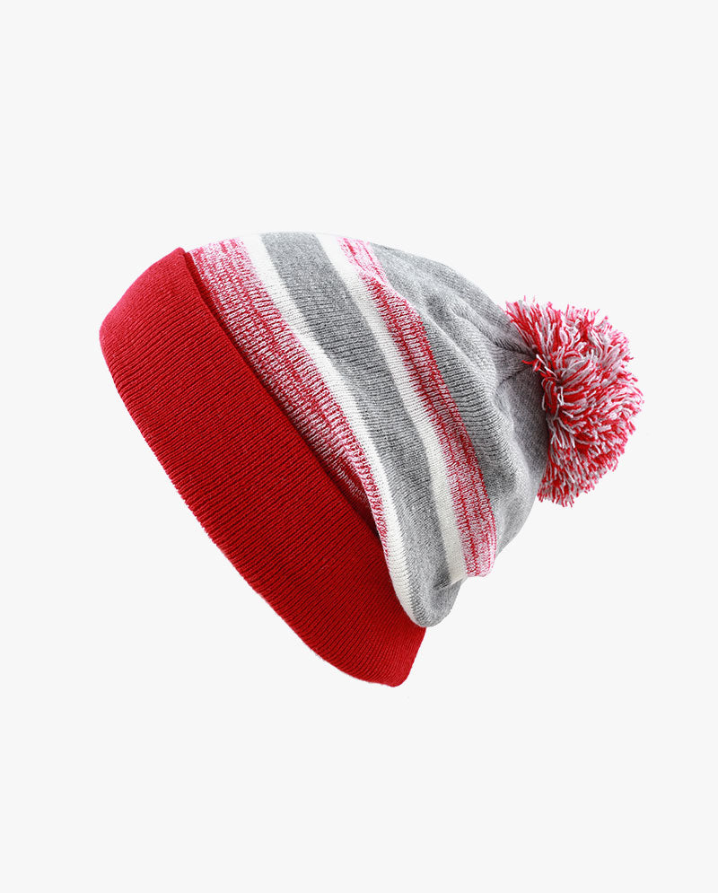 The Hat Depot - Cuffed Pom Pom Stripe Knit Slouch Beanie